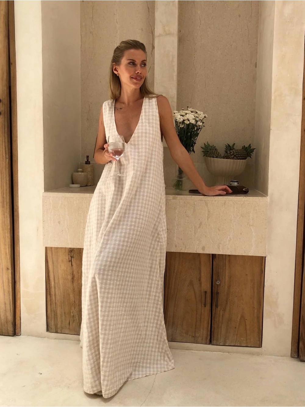 Puka gili dress in beige check - size XS/S